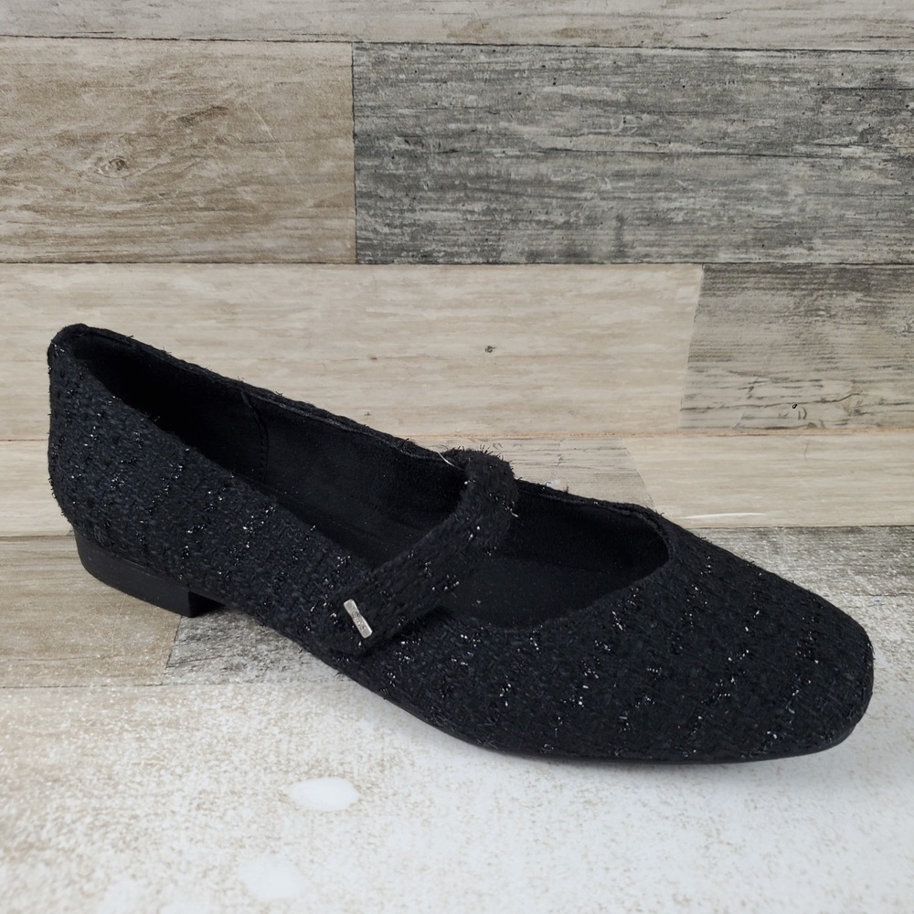 Toms Bianca Womens Mary Jane Flat Shoes Sz 9.5 Black Comfort Square Toe Slip On